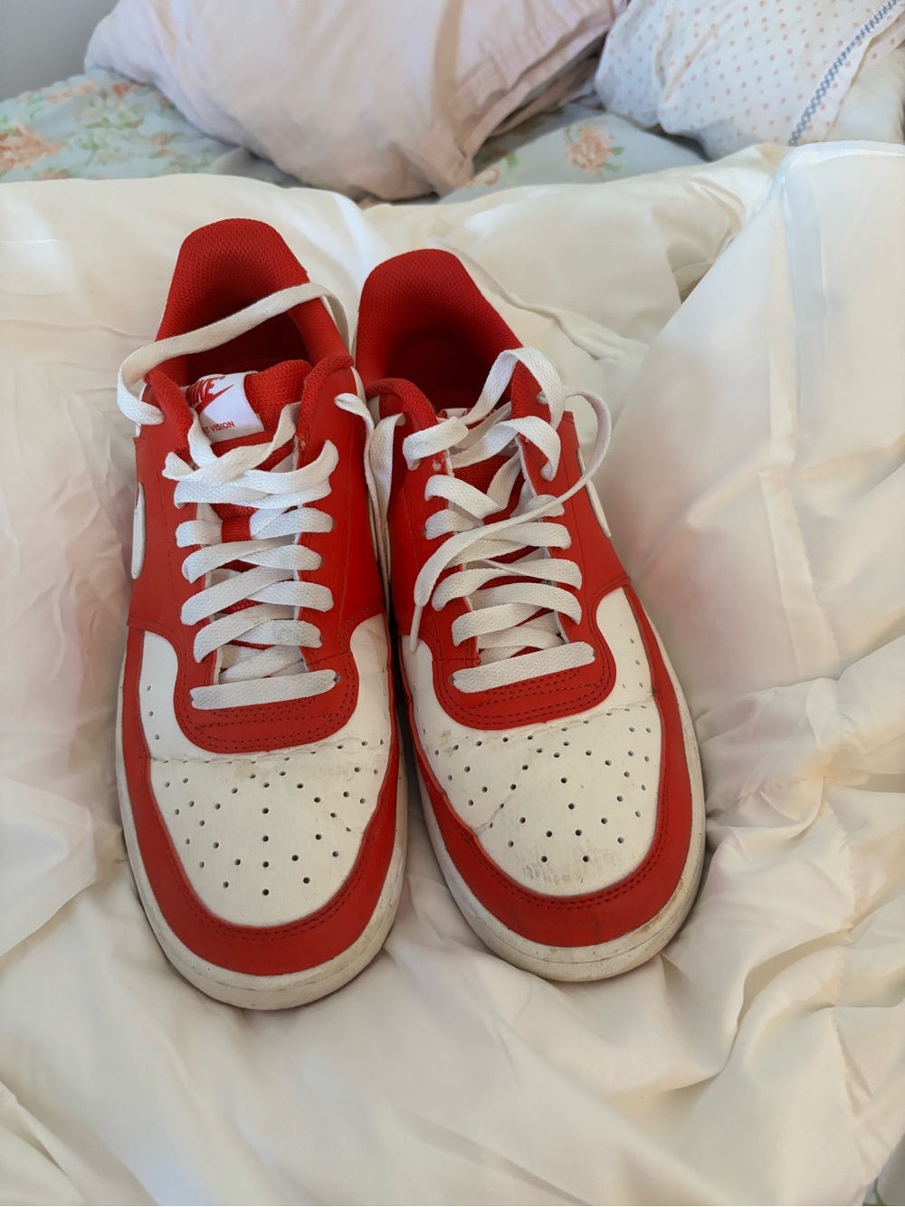 Nike Red and White Low-Top Sneakers with Mesh Lining